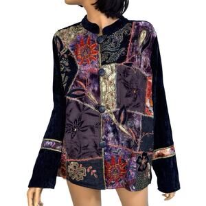 Black Patchwork Chenille Floral Embroidered Jacket Women L NWT